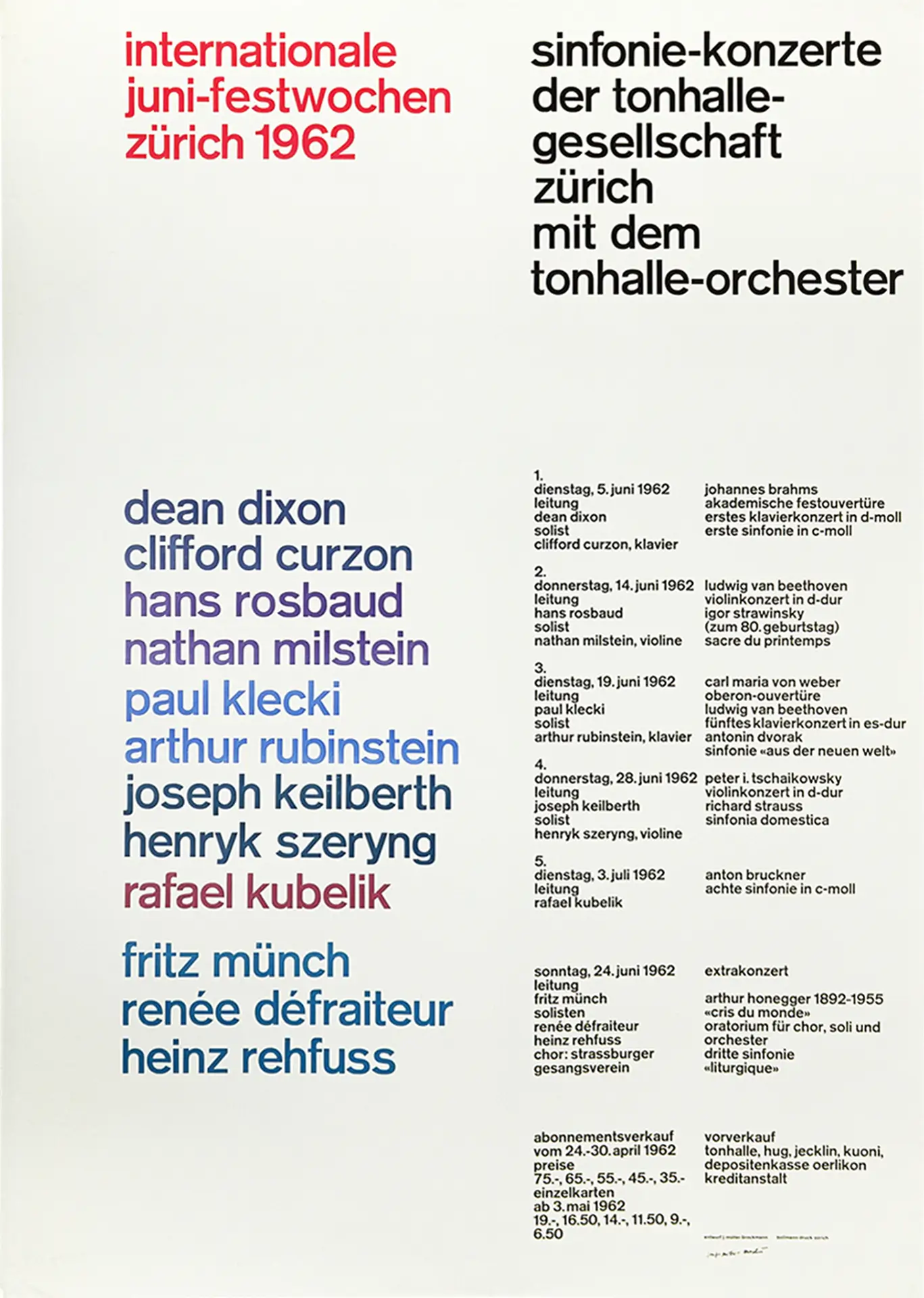 Juni-Festwochen 1962 Sinfonie-Konzerte der Tonhalle-Gesellschaft Zürich mit dem Tonhalle-Orchester
